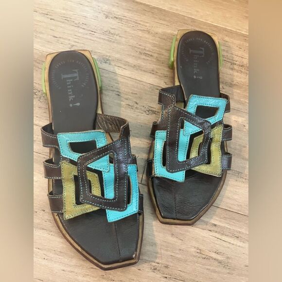 Think! Designer leather upper/ sole geometric retro women’s slides 9.5” size 8 - Picture 3 of 6